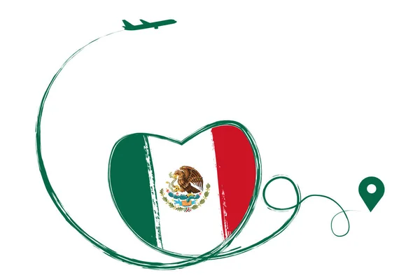 Bandera México Corazón Amor Viaje Romántico Símbolo Avión Avión Avión — Archivo Imágenes Vectoriales