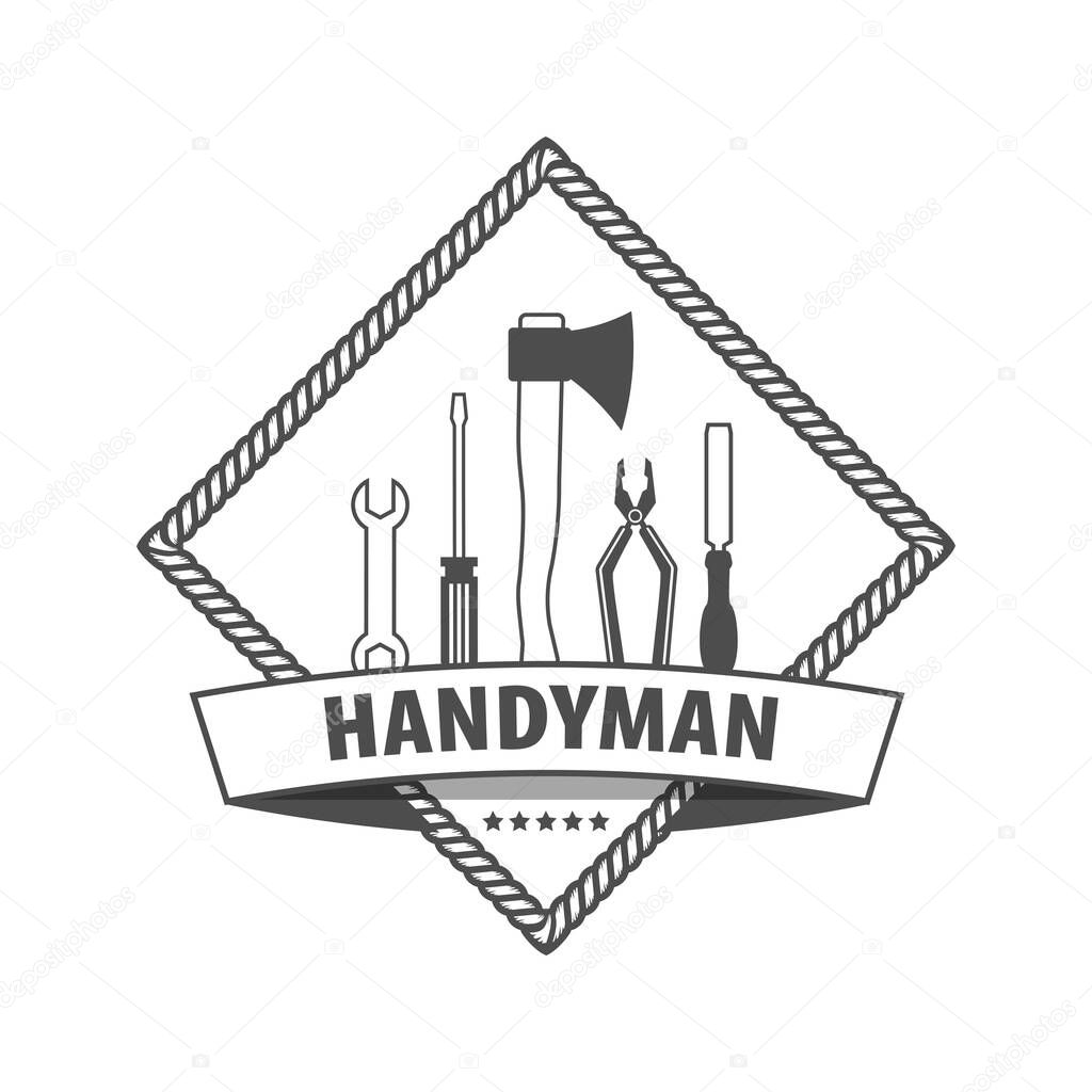 Professional handyman services logo. Set of repair tools.  Logo Handyman with wooden texture in gray. Stock vector.  EPS10.