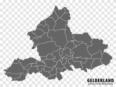Hollanda 'nın Boş Harita Eyaleti Gelderland. Web sitesi tasarımı, logosu, uygulaması ve UI için şeffaf arka planda belediyeleri olan yüksek kaliteli bir harita Gelderland. EPS10.