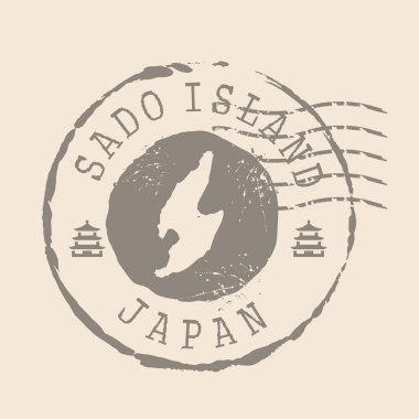 Sado Adası 'nın pulu. Siluet haritası, lastik mühür. Retro Seyahat Tasarımı. Japon Harita Sado 'sunu tasarımınız için mühürleyin. EPS10