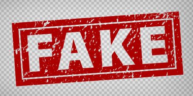 Şeffaf arkaplanda sahte pul tasarımı. Kırmızılı sahte kelimeyle Grunge kauçuk damgası. Düz dizayn. EPS10.