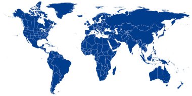 Dünya haritası vektörü. Beyaz zemin üzerinde mavi benzer dünya haritası boş vektör. Amerika Birleşik Devletleri haritası, Kanada ve Birleşik Devletler sınırları ve Avustralya toprakları ile mavi benzer bir dünya haritası. EPS10.
