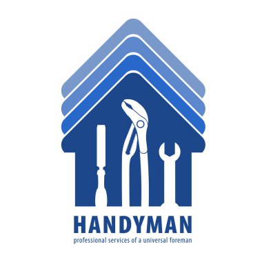 Mavili tamirci konsepti. Evrensel bir ustabaşının profesyonel hizmetleri. Tamir sembolü olarak çatısı ve aletleri olan bir ev silueti. Vektör EPS10.