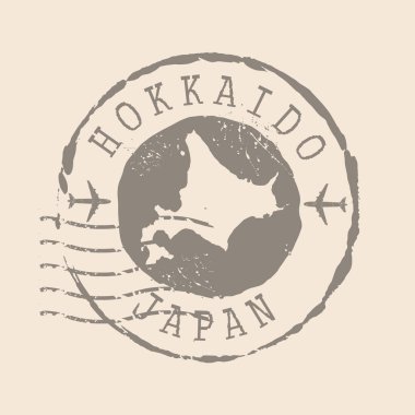 Hokkaido 'nun posta pulu. Siluet haritası, lastik mühür. Retro Seyahat Tasarımı. Japon Hokkaido haritasını senin tasarımın için mühürle. EPS10