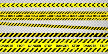 Black and yellow police stripe border, construction, danger, closed caution tapes set. Set of danger caution grunge tapes.  Warning signs for your  design on transparent background. EPS10 clipart