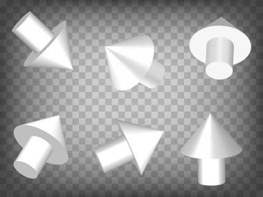 Şeffaf arkaplanda 3d silindirik ok perspektif projeksiyonları kümesi. Farklı bakış açıları ve açıları olan boş silindirik ok 3d simgesi. Tasarımınız için grafik öğeler kavramı. EPS 10