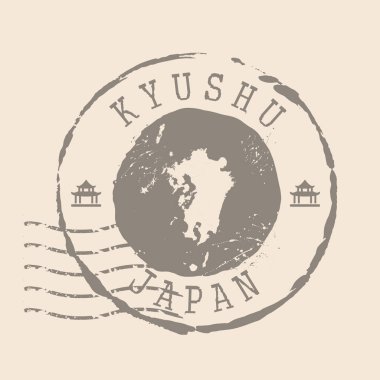 Kyushu pulu. Siluet haritası, lastik mühür. Retro Seyahat Tasarımı. Japon Haritası Kyushu 'yu tasarımınız için mühürleyin. EPS10