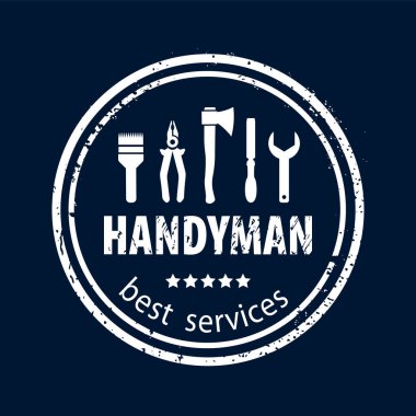 Tamirci. Yüksek kaliteli servis logosu koyu mavi arka plan. Tamir aletleriyle tamirci servisinin kauçuk daire grunge 'unu damgala. Web sitenizin tasarımı, uygulaması ve UI için tamirat hizmeti. EPS10.  