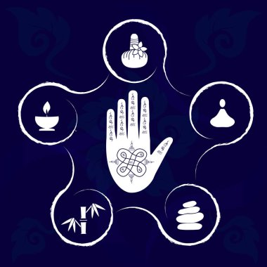 Otantik Tayland masajı. Tayland masajı için mavi logo. Tayland desenli ve geleneksel Tayland aksesuarlı eller. Thai masajı için simgeleri ayarlayın. Tasarımın için Tayland masajı kavramı. EPS10.