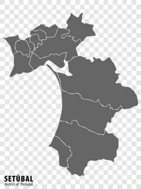 Setubal bölgesinin şeffaf arkaplan haritası. Sitenin tasarımı, logosu, uygulaması ve UI için gri renkli belediyelerin yer aldığı Setubal Bölgesi haritası. Portekiz. EPS10.
