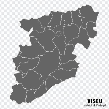 Şeffaf arka planda Viseu Bölgesini haritala. Web sitesi tasarımı, logosu, uygulaması ve UI için gri renkli belediyelerle Viseu Bölgesi haritası. Portekiz. EPS10.