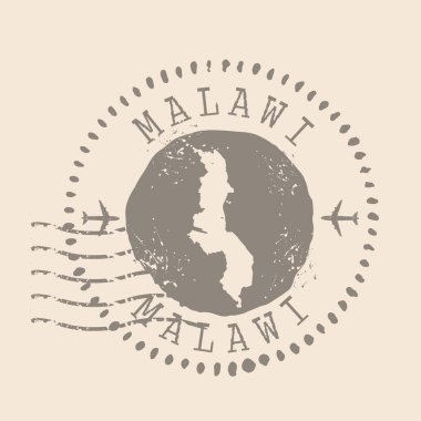 Malawi Posta Cumhuriyeti pulu. Siluet haritası, lastik mühür. Retro Seyahat Tasarımı. Web sitesi tasarımı, logosu, uygulaması, UI için Malawi Harita Cumhuriyeti grunge Mührü. EPS10