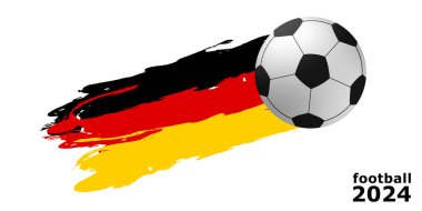 Futbol kupası kavramı 2024. Futbol şampiyonası için şık bir arka plan tasarımı. Almanya 'nın gerçekçi 3D topu ve bayrağı. Tasarım kartları, davetiyeler, hediye kartları, el ilanları, vektör. EPS 10 