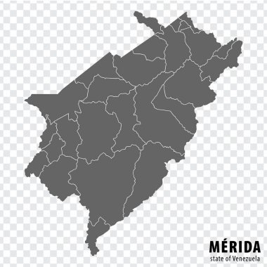 Venezuela 'nın Merida eyaletinin boş haritası. Tasarımınız için şeffaf arkaplan üzerine kurulu yüksek kaliteli Merida State haritası. Venezuela 'nın Bolivarya Cumhuriyeti. EPS10.