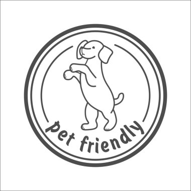 Evcil hayvan dostu damgası, beyaz arka planda gri izole edilmiş, vektör çizimi. Web siteniz, uygulamanız ve UI tasarımınız için arka ayakları üzerinde duran bir köpeğin silueti. EPS10.