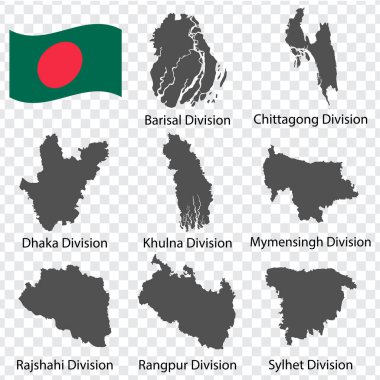 Eight Maps Divisions of Bangladesh - alphabetical order with name. Every single map of Division are listed and isolated with wordings and titles. Bangladesh. EPS10.  clipart