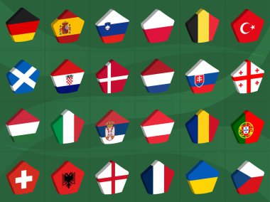 Avrupa Futbol Turnuvası katılımcılarının bayrakları. Yeşil arka planda üç boyutlu beşgen prizmalar şeklinde Avrupa bayrakları koleksiyonu. Web sitenizin tasarımı, logosu, uygulaması ve UI için 3d simgeleri. EPS10.