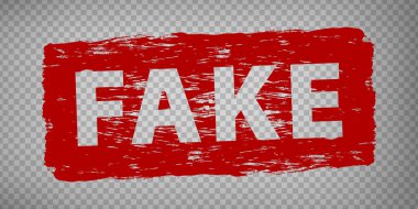 Şeffaf arkaplanda sahte pul tasarımı. Kırmızılı sahte kelimeyle Grunge kauçuk damgası. Düz dizayn. EPS10.