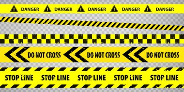 Siyah ve sarı polis şeritli sınır, dur hattı, tehlike, uyarı, geçmeyin, uyarı bantları kuruldu. Tehlike uyarısı kasetleri. Şeffaf arkaplandaki tasarımınız için uyarı işaretleri. EPS10