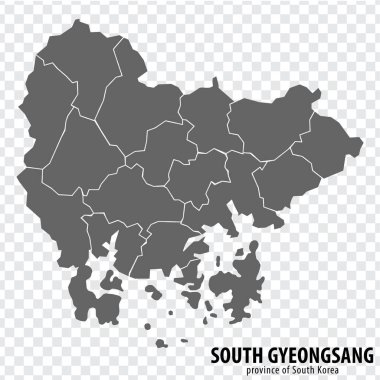 Güney Kore 'nin Güney Gyeongsang bölgesinin boş haritası. Güney Gyeongsang 'ın yüksek kaliteli harita vilayeti internet sitesi tasarımı, logosu, uygulaması ve UI için şeffaf arka planlara sahip bölgeler. Kore Cumhuriyeti. EPS10.