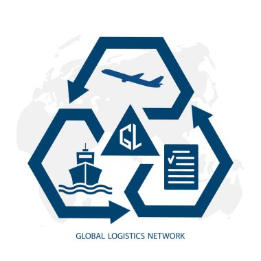 Global logistics network. Map global logistics partnership connection in blue.  White similar world map and logistics icons for your design. EPS10.