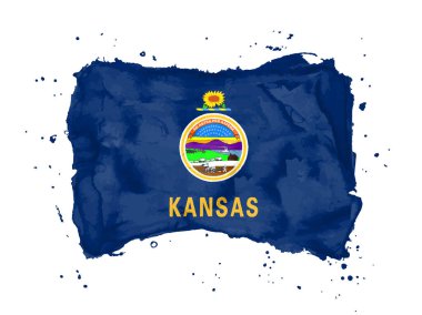 Kansas bayrağı, fırça darbesi geçmişi. Beyaz arka planda Birleşik Devletler 'in Kansas eyaletinin bayrağı. Tasarımın için suluboya stili. ABD. EPS10.