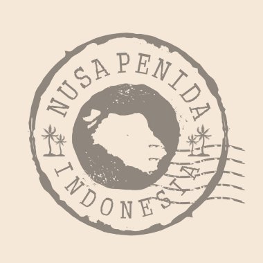 Nusa Penida Adası 'nın posta pulu. Siluet haritası, lastik mühür. Retro Seyahat Tasarımı. Tasarımın için Nusa Penida 'nın Mührü. Endonezya 'da. EPS10 