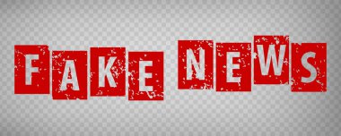 Şeffaf arkaplanda kırmızı ile sahte haber damgası tasarımı. Kauçuk damgalı sahte mektuplar. Düz dizayn. Vektör illüstrasyonu EPS10. 