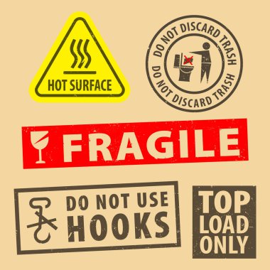 Kırılgan etiket seti kanca ve kutu simge ambalajı işareti, karton arka planda üst yük paket kauçuk damgası, vektör illüstrasyonunu kullanmaz. Paket üzerinde kullan. EPS10.