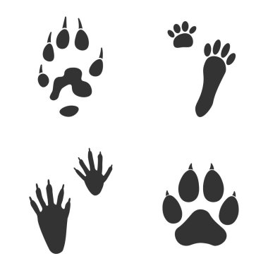Hayvanın ayak izleri, tavşan, köpek, gelincik, beyaz arka planda rakun izleri. Gri renkli siluet hayvan izleri. Dizaynınız için Paw Print. Vektör çizimi. EPS10.