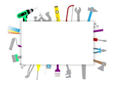 Profesyonel tamirat servisi. Renkli araç koleksiyonu ve metin alanı olan logonuz için boş şablon. Web sitesi tasarımı, uygulaması ve UI için beyaz arka planda tamir araçları. Gölge. EPS10.