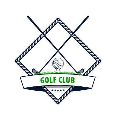 Golf logosu konsepti. Golf topu ve Çimlerdeki Sopalar koyu mavi renkte izole edilmiş. Web sitesi tasarımı, uygulama ve UI için yeşil çim üzerinde golf sopası ve top olan vektör pankartı şablonu. EPS10.