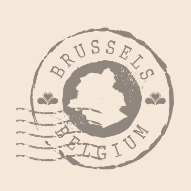 Stamp Postal Brüksel Belçika 'nın başkentidir. Siluet haritası, lastik mühür. Retro Seyahat Tasarımı. Tasarımın için Brüksel Haritasının Mührü. EPS10.