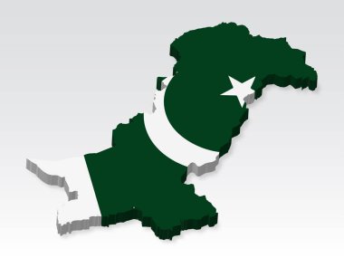 Bayrak taşıyan 3 boyutlu Pakistan haritası. Pakistan 'ın gölgeli üç boyutlu haritası. Tasarım, uygulama ve UI için beyaz arka planda Pakistan bayrağı. Hisse senedi. EPS10. 