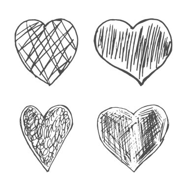 Taslak kuluçkaya yatmış elle çizilmiş vektör kalpleri. Kalem karalama kalpleri serbest çizgi vuruşları tebeşir çizgisi gri çizgi çizimi grunge el yapımı vektör soyut dokuları. Tasarımınız için karalama tebeşiri, serbest çizgi çizim vektörü. EPS10.