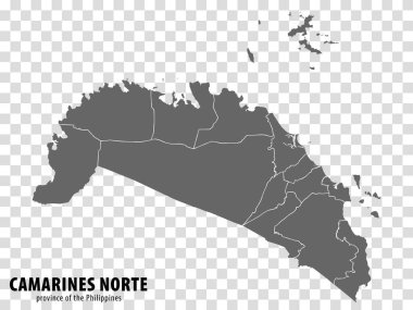 Filipinler 'in boş haritası Camarines Norte. Camarines Norte 'nin yüksek kaliteli harita bölgesi. İnternet sitesi tasarımı, logosu, uygulaması, UI için şeffaf arka planda bölgeleri var. Filipinler Cumhuriyeti. EPS10.