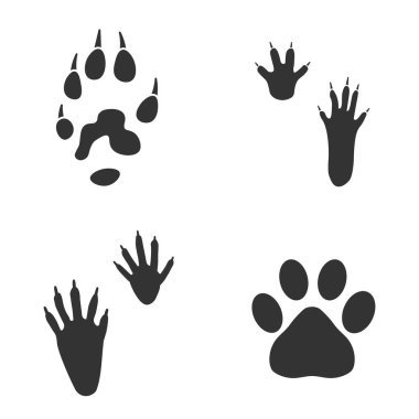 Hayvan ayak izleri, hamster, kedi, gelincik, beyaz arka planda rakun izleri. Gri renkli siluet hayvan izleri. Dizaynınız için Paw Print. Vektör çizimi. EPS10.