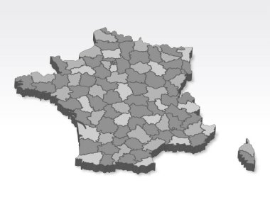 3D Fransa haritası ve tüm bölümler gri. Fransa 'nın gölgeli üç boyutlu haritası. Tasarım, uygulama ve UI için beyaz arka planda Fransa departmanlarının haritası. EPS10. 