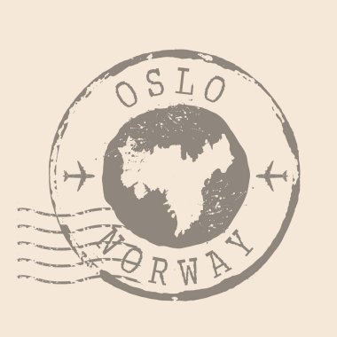 Stamp Postal of Oslo Norveç 'in başkentidir. Siluet haritası, lastik mühür. Retro Seyahat Tasarımı. Tasarımın için Oslo Haritasının Mührü. EPS10