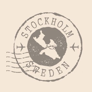 Stamp Postal of Stockholm İsveç 'in başkentidir. Siluet haritası, lastik mühür. Retro Seyahat Tasarımı. Tasarımın için Stockholm Harita Mağazası 'nı mühürle. EPS10