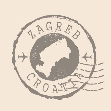Zagreb Posta Damgası Hırvatistan 'ın başkenti. Siluet haritası, lastik mühür. Retro Seyahat Tasarımı. Tasarımın için Zagreb Haritasının Mührü. Hırvatistan. EPS10