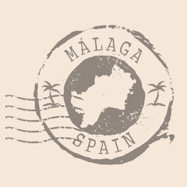 Malaga pulu, İspanya 'nın başkentidir. Siluet haritası, lastik mühür. Retro Seyahat Tasarımı. Sitenin tasarımı, logosu, uygulaması ve UI için Harita Grunge 'ın Mührü. İspanya. EPS10