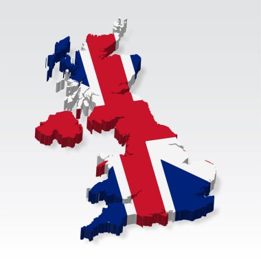Bayraklı 3 boyutlu Birleşik Krallık haritası. İngiltere 'nin gölgeli üç boyutlu haritası. Tasarım, uygulama ve UI için beyaz arka planda Birleşik Krallık bayrağı. Hisse senedi. EPS10. 