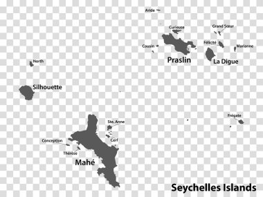 Gri renkli Seyşeller Adaları boş haritası. Bütün ada haritaları başlıklarla dolu. Dizaynınız için saydam arkaplanda Seyşeller 'in yüksek kaliteli haritası. EPS10.