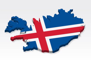 Bayraklı 3 boyutlu İzlanda haritası. İzlanda 'nın gölgeli üç boyutlu haritası. Tasarım, uygulama ve UI için beyaz arka planda İzlanda bayrağı. Hisse senedi. EPS10.