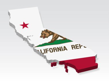 Bayrak taşıyan 3 boyutlu California haritası. Kaliforniya eyaletinin gölgeli üç boyutlu haritası. Tasarım, uygulama ve UI için beyaz arka planda Kaliforniya bayrağı. Birleşik Devletler. Hisse senedi. EPS10. 