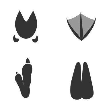 Çiftlik hayvanlarının ve kuşların ayak izleri. Beyaz arka planda koyun, kaz, domuz, devekuşu izleri var. Grar içinde siluet hayvan izleri. Dizaynınız için Paw Print. Vektör çizimi. EPS10