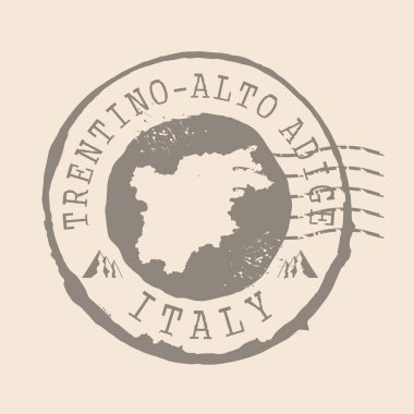 İtalya 'nın Trentino-Alto Adige pulu. Siluet haritası, lastik mühür. Retro Seyahat Tasarımı. Tasarımınız için Trentino-Alto Adige Haritasının Mührü. EPS10