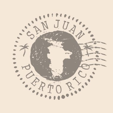 Posta pulu San Juan, Porto Riko 'nun başkentidir. Siluet haritası, lastik mühür. Retro Seyahat Tasarımı. Tasarımınız için San Juan Haritasının Mührü. EPS10