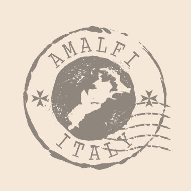 Amalfi pulu İtalya 'nın başkentidir. Siluet haritası, lastik mühür. Retro Seyahat Tasarımı. Tasarımınız için Amalfi grunge haritasını mühürleyin. İtalya. EPS10